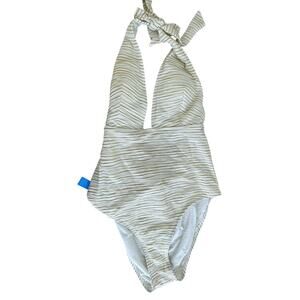 Cupshe V Plunge with Gold Lurex‎ Halter One Piece Swimsuit NWT